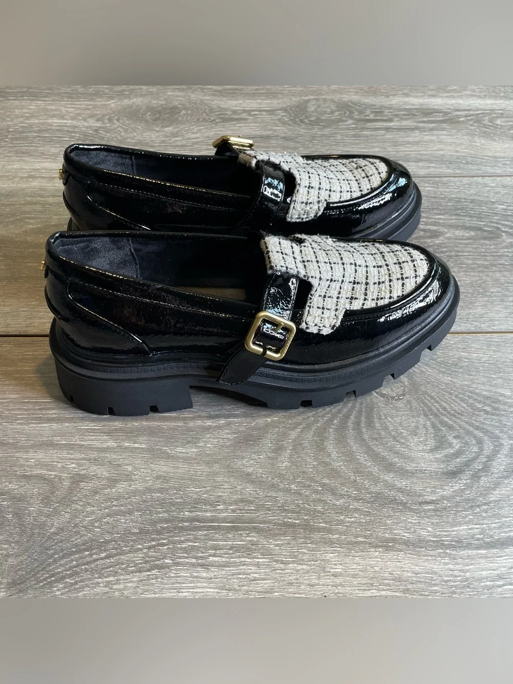 Circus NY Sam Edelman Black Patent Tweed Lug Sole T-Strap Loafers Women Sz 9.5